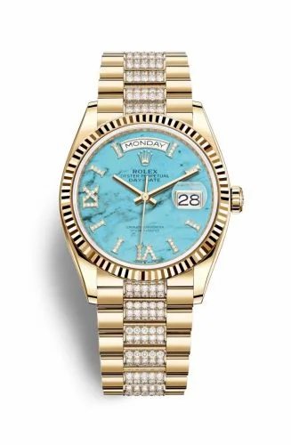 Rolex Day-Date 36 Yellow Gold / Fluted / Turquoise / President-Diamond 128238-0072 (M128238-0072)